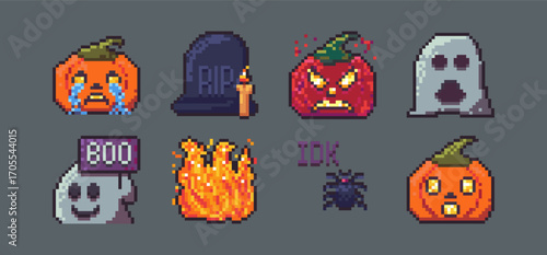 Pixel art halloween bit icon for game. Ghost and angry pumpkin in retro 8bit style. Scary cartoon tomb with candle and spooky spider. Evil tombstone for autumn holiday fun and stream decoration