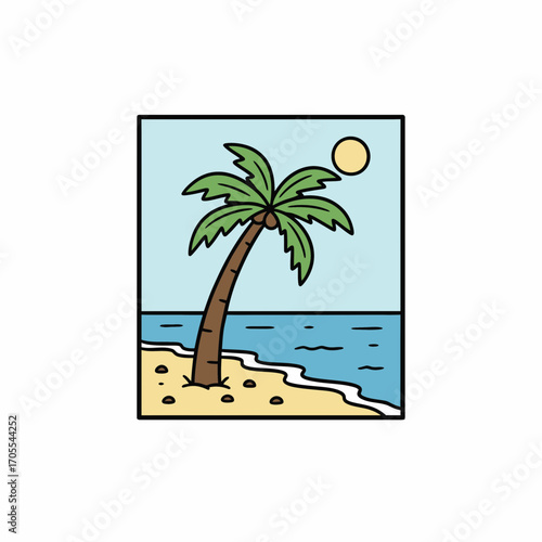 Simple line art illustration of a palm tree on a tropical beach.