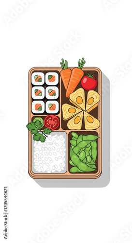 Japanese Bento Box Lunch with Sushi and Vegetables.