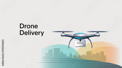 Drone delivery concept with a drone carrying a package over a city skyline on a light background, showcasing the future of logistics
