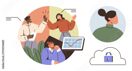 Professionals celebrating success, analyzing growth graphs, user privacy representation with profile, cloud security. Ideal for teamwork, collaboration, data management, security, privacy