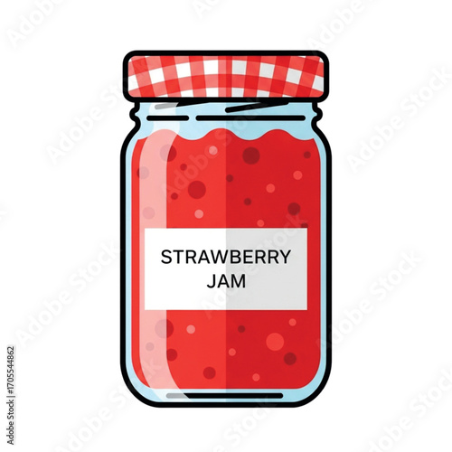 Jar of strawberry jam with red checkered lid.