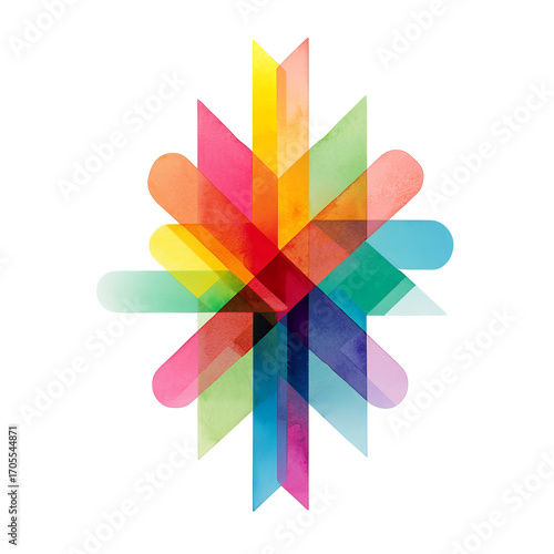 Colorful geometric starburst with overlapping translucent paper shapes creating dynamic texture and energy