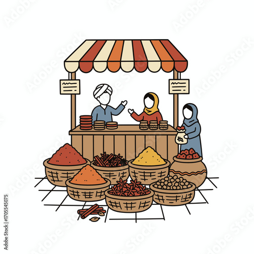 Illustration of a market stall with spices, run by a man in a turban, serving two women in hijabs.