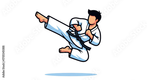 Karate fighter performing a flying side kick in a dojo.