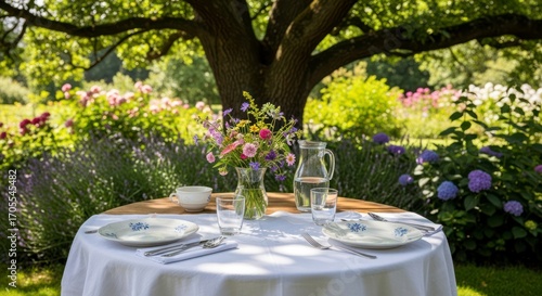 Outdoor Dining Table with Flowers and Plates