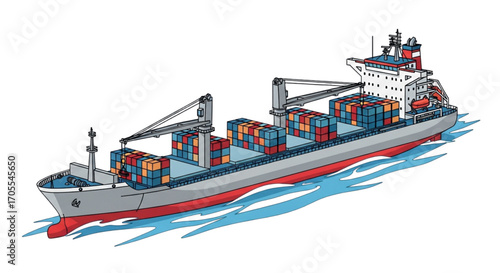 Large cargo ship carrying many containers on the ocean.