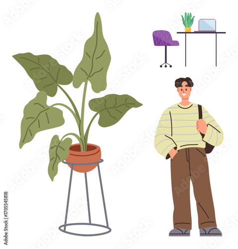 Smiling man stands holding a bag beside a tall potted plant and a modern workspace with a desk and chair. Ideal for home office, lifestyle, interior design, plant care, minimalism, modern living