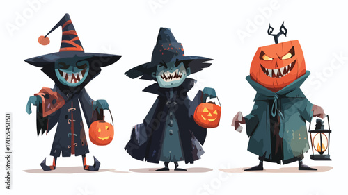 Halloween Evil Cartoon Characters Set Holding, Festive Holiday Illustration Design