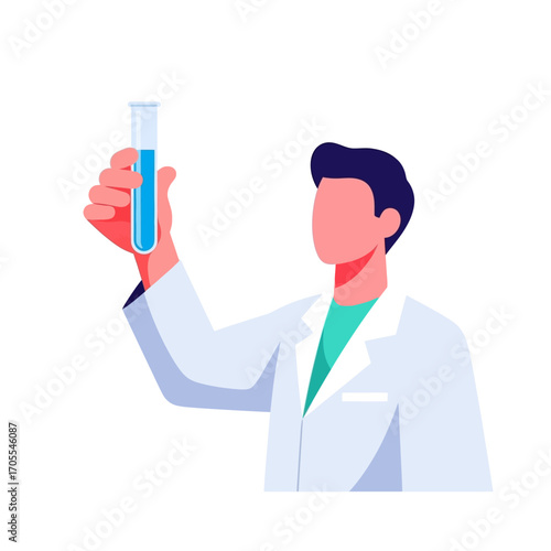 Vector Illustration of a Scientist Holding Test Tube with Blue Liquid, Medical Research Concept