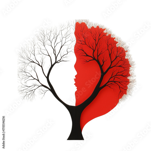 Red silhouette face formed by tree branches with intricate bare twigs, artistic nature portrait evoking emotion