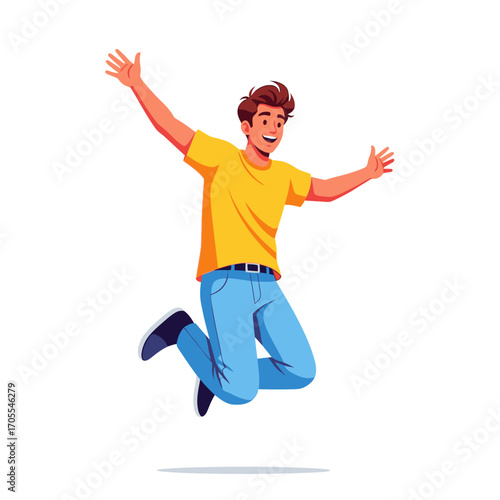 Happy Young Man Jumping in the Air, Cartoon Vector Illustration