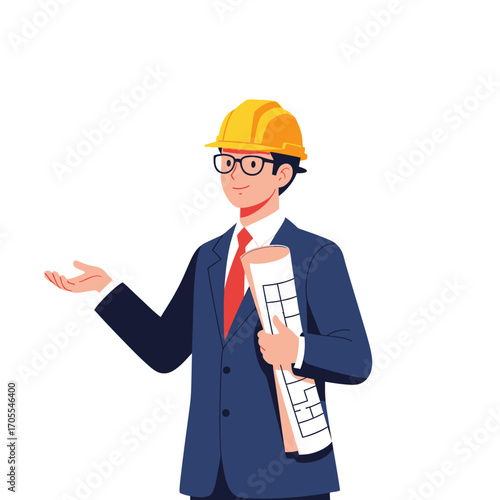 Professional Architect Cartoon Character Holding Blueprints Wearing Hard Hat and Suit Presenting Isolated on White Background