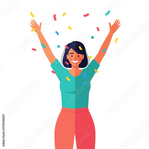 Excited Woman Cheering with Confetti, Celebrating Success