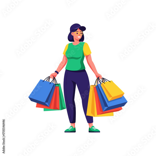 Cheerful Woman Carrying Shopping Bags, Vector Illustration on White Background