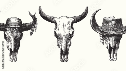 Vintage Retro Scary Spooky Cow Bull Skull Set for Creative Designs