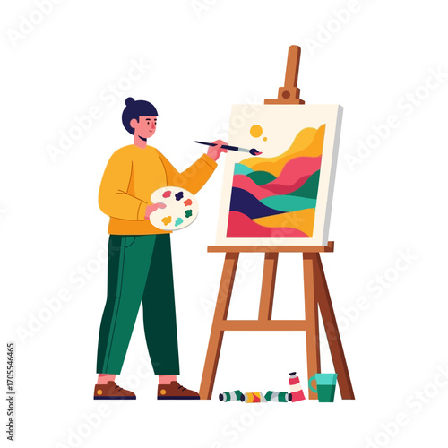 Young Artist Painting Abstract Landscape on Easel, Creative Hobby Illustration