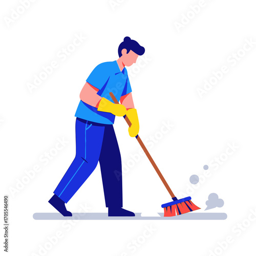 Illustration of a Person Sweeping with a Broom, Cleaning Service Concept