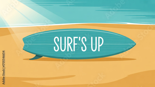 Surfboard on the beach with the words surfs up, representing summer vacation, beach lifestyle, and water sports
