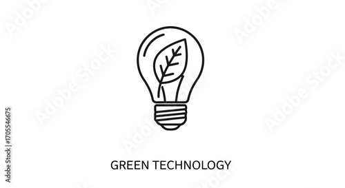 Vector illustration of outline icon of a lightbulb with a leaf inside, symbolizing green technology and ecofriendly innovation