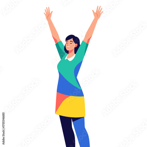 Happy Woman with Arms Raised in Celebration Vector Illustration