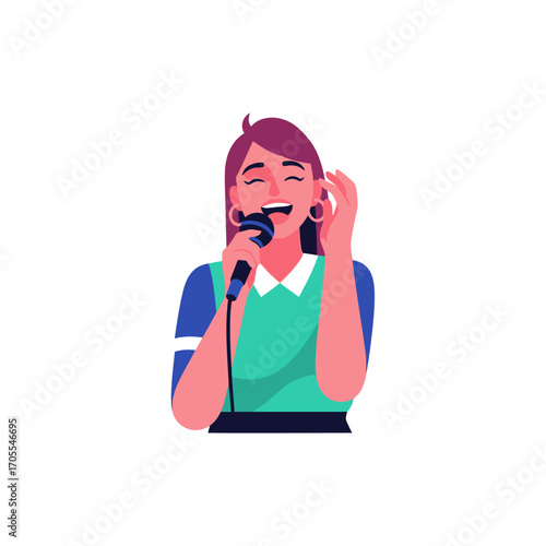 Happy Woman Singing into Microphone, Vector Illustration