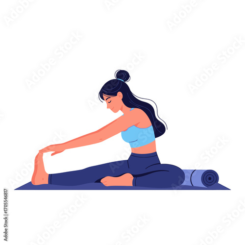 Woman Practicing Seated Forward Bend Yoga Pose on Mat, Healthy Lifestyle Illustration