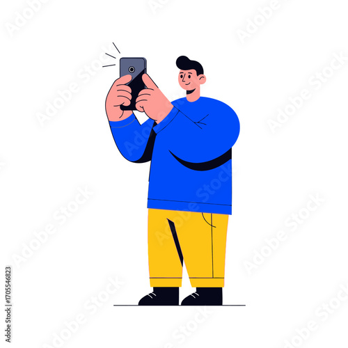 Cartoon Man Taking Photo with Smartphone, Illustration on White Background