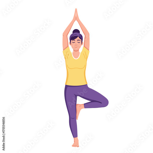 Illustration of Woman in Tree Pose, Yoga Asana for Balance and Mindfulness