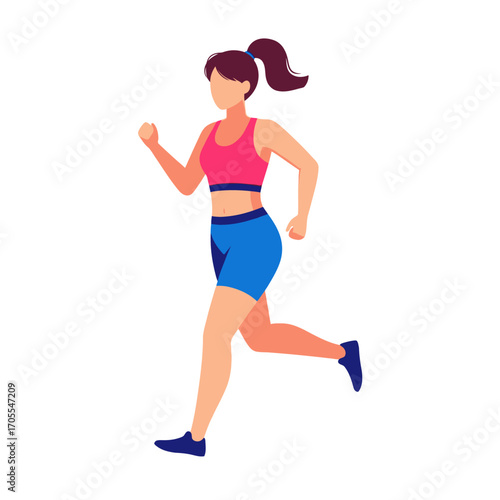 Cartoon Woman Running: Flat Vector Illustration of Female Athlete Jogging on White Background