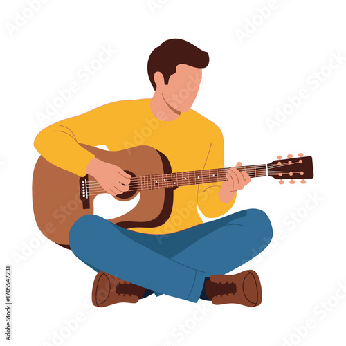 Acoustic Guitar Player Illustration: Man Playing Guitar While Sitting Cross-Legged