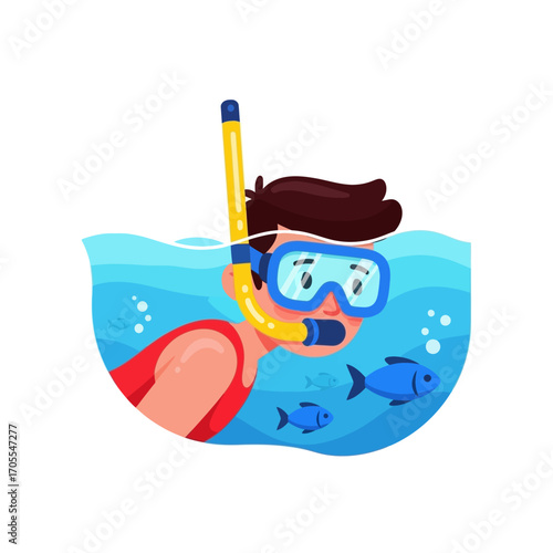 Cartoon Man Snorkeling Underwater with Fish Vector Illustration