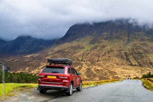 4x4 car with roof tent over Fairy Pools and Waterfalls, Glen Brittle, Black Cuillin, Isle of Skye, Scotland, UK