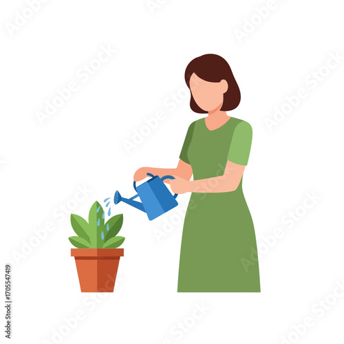 Woman Watering Plant in Pot with Blue Watering Can, Vector Illustration