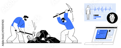 Workers breaking rocks with sledgehammer and pickaxe, medical dashboard showing vitals, heart, and human figure, laptop displaying interface. Ideal for labor, healthcare, analytics, teamwork