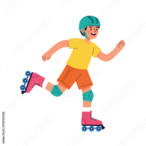 Happy Boy Roller Skating with Protective Gear Cartoon Illustration on White Background
