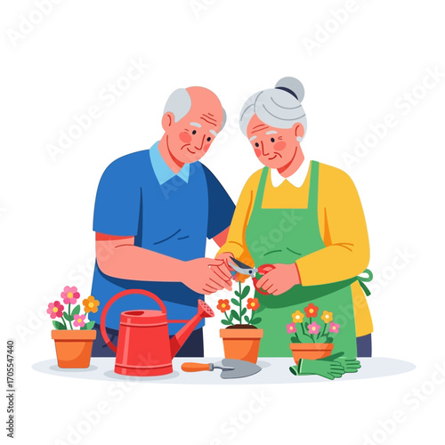 Senior Couple Gardening Together, Enjoying Retirement with Flowers