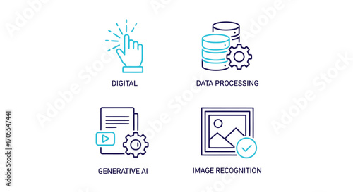 Vector illustration of four icons representing digital interaction, data processing, generative ai, and image recognition, symbolizing modern technology concepts