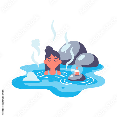 Cartoon Woman Relaxing in Hot Spring with Candlelight, Vector Illustration