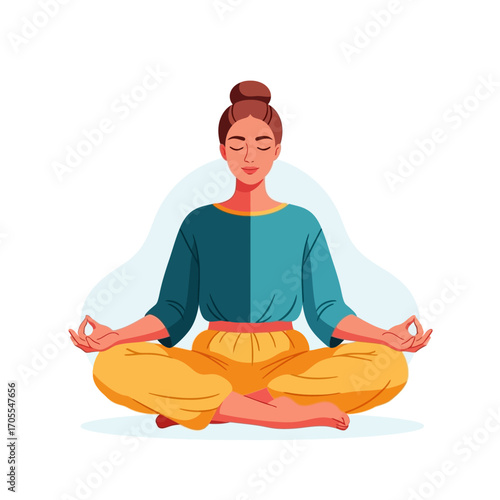 Woman Practicing Yoga, Lotus Pose Illustration, Meditation and Mindfulness Concept