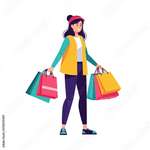 Vector Illustration of a Happy Woman Carrying Shopping Bags After a Successful Shopping Trip