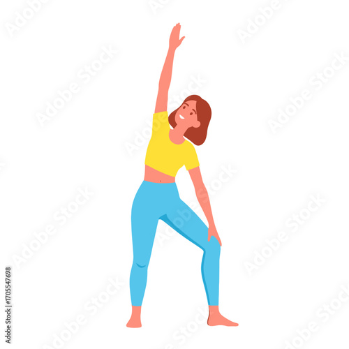 Animated Woman Practicing Side Bend Yoga Pose on White Background