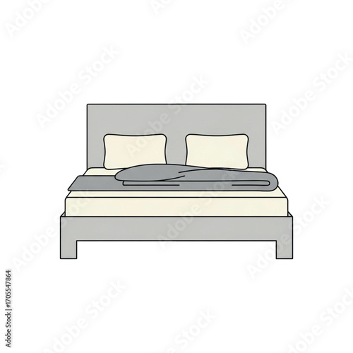 Modern Bed with Pillows and Blanket.