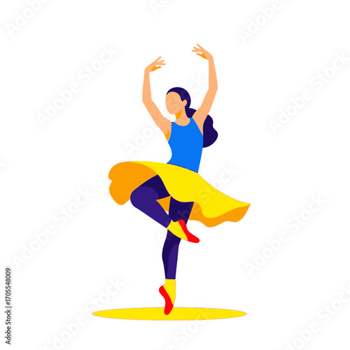 Elegant Ballerina Dancer Performing Relevé in Blue and Yellow Vector Illustration