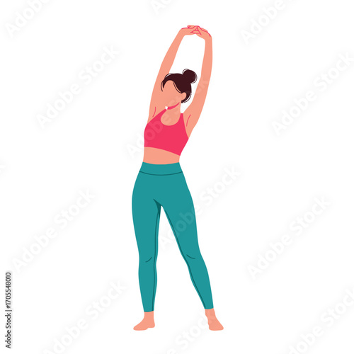 Woman Stretching Arms Overhead, Yoga and Fitness Vector Illustration