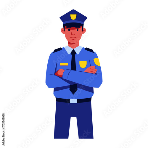 Confident Policeman Character with Arms Crossed Vector Illustration