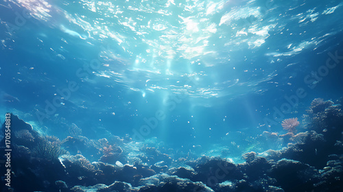 A cinematic ultra-detailed travel scene of an underwater view of coral reef meeting surface waves