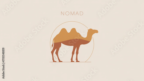 Nomad camel illustration in minimalist style on a light beige background, perfect for travel, adventure, and cultural themed designs