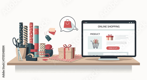 Online Shopping And Gift Wrapping Still Life Illustration Concept