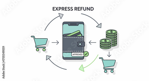 Online Shopping Refund Process Diagram Illustration On White Background
